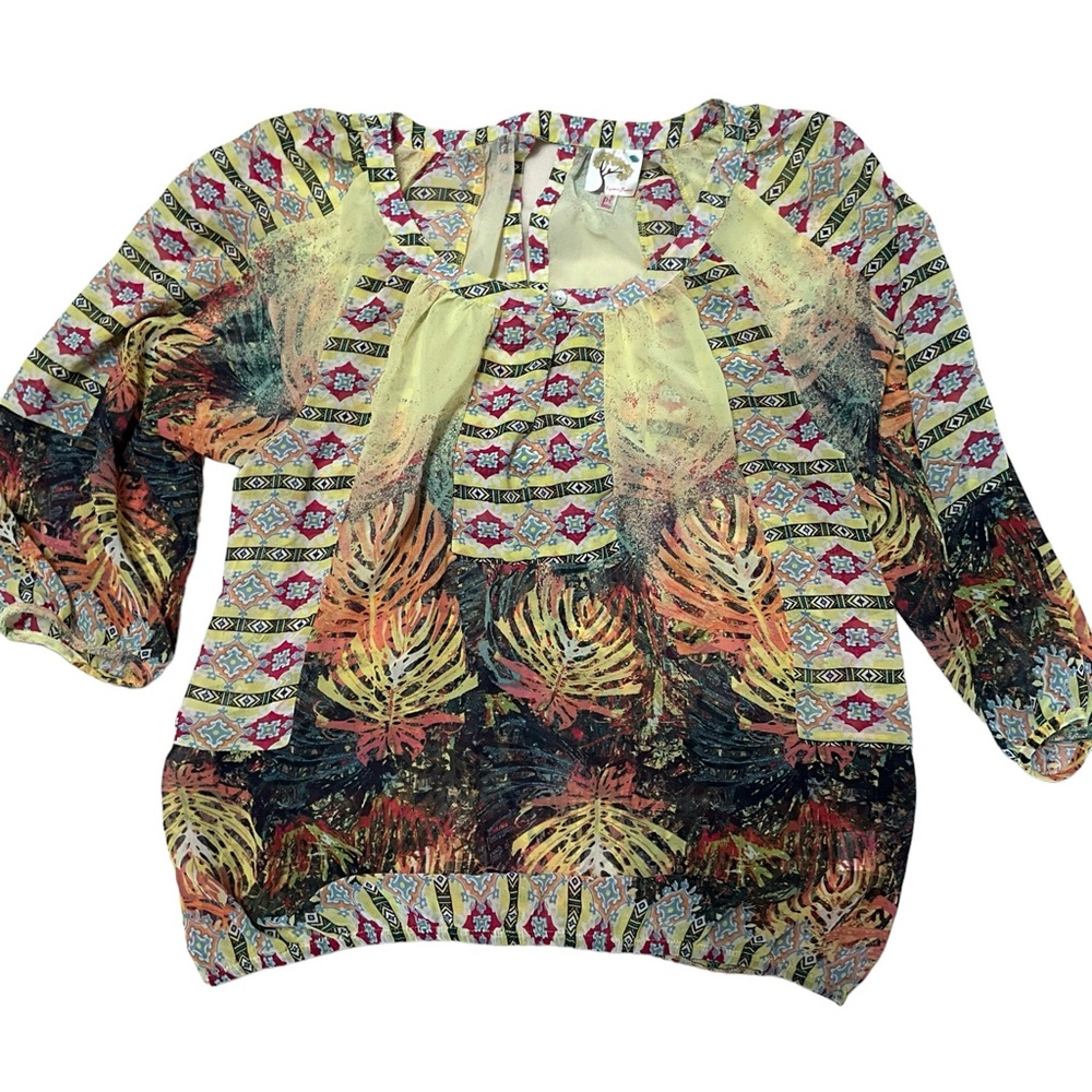 Not 4  & FLOWER Yellow Floral Sheer Peasant W/ Back Keyhole, 3/4 Sleeve,   SZ PL